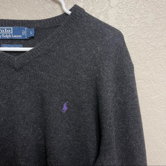 Polo by Ralph Lauren 100% Lambswool V-Neck Sweater Mens Sz L Dark Charcoal Gray - Picture 5 of 7